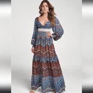 Venus Dress Womens 2 Blue Chevron Boho Maxi Long Sleeve Crochet Waist Lined